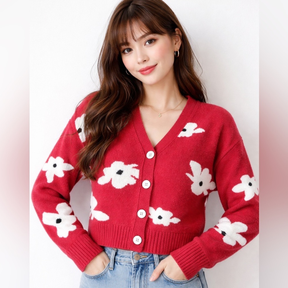 Cat & Jack Red V-Neck Floral Button Cardigan
